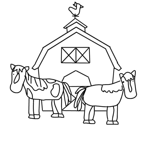 Desenho Cavalos e Celeiro para Colorir