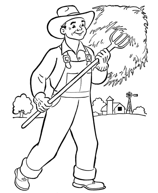Desenho de Agricultor Colhendo Feno para Colorir em Pdf