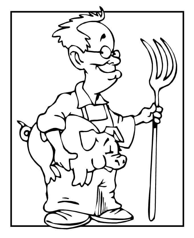 Desenho de Agricultor e um Porco para Colorir