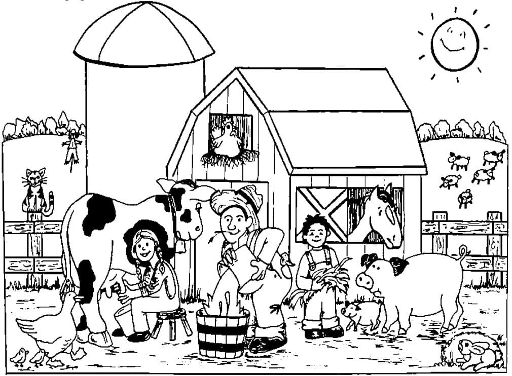Desenho de Agricultores e Animais para Colorir