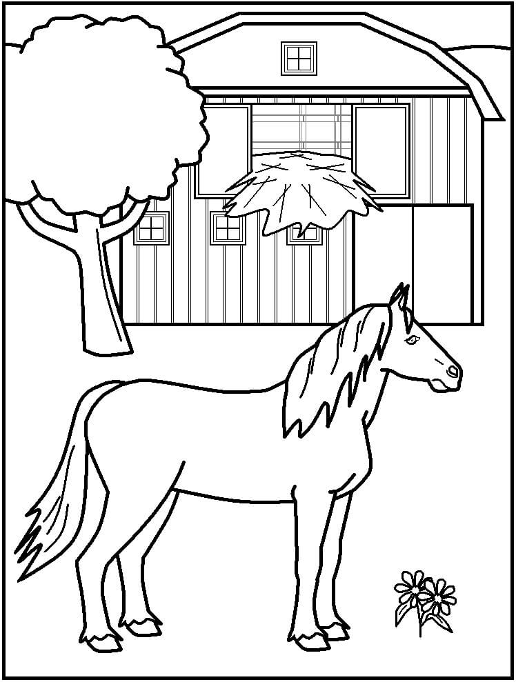 Desenho de Agricultura e Fazenda com Cavalos no Pasto para Colorir e Pdf