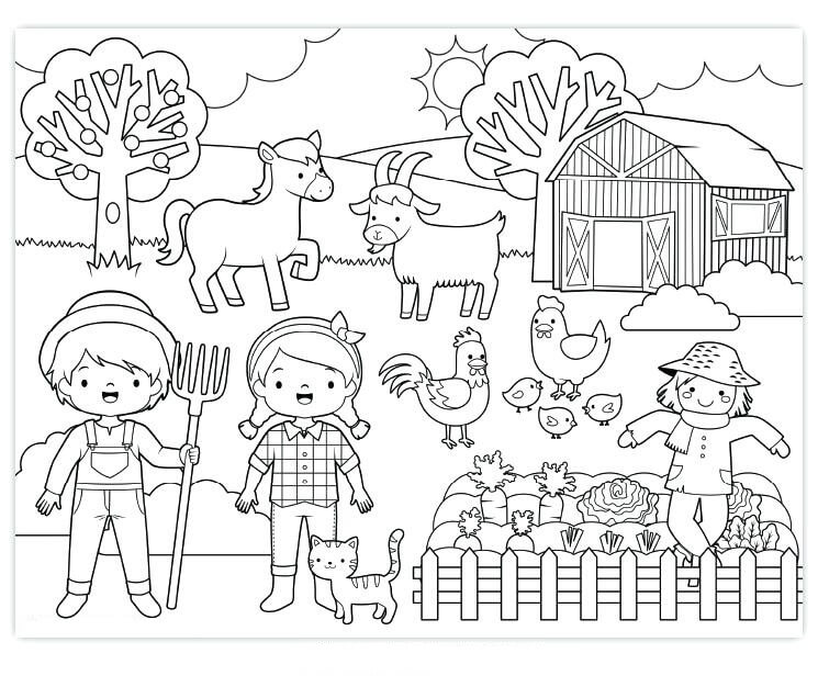 Desenho de Agricultura e Fazenda com Crianças Brincando para Colorir e Download