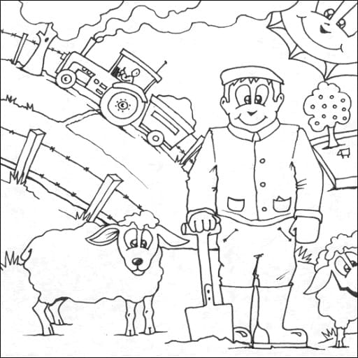 Desenho de Agricultura e Fazenda com Pomar Colorido para Colorir e Imprimir