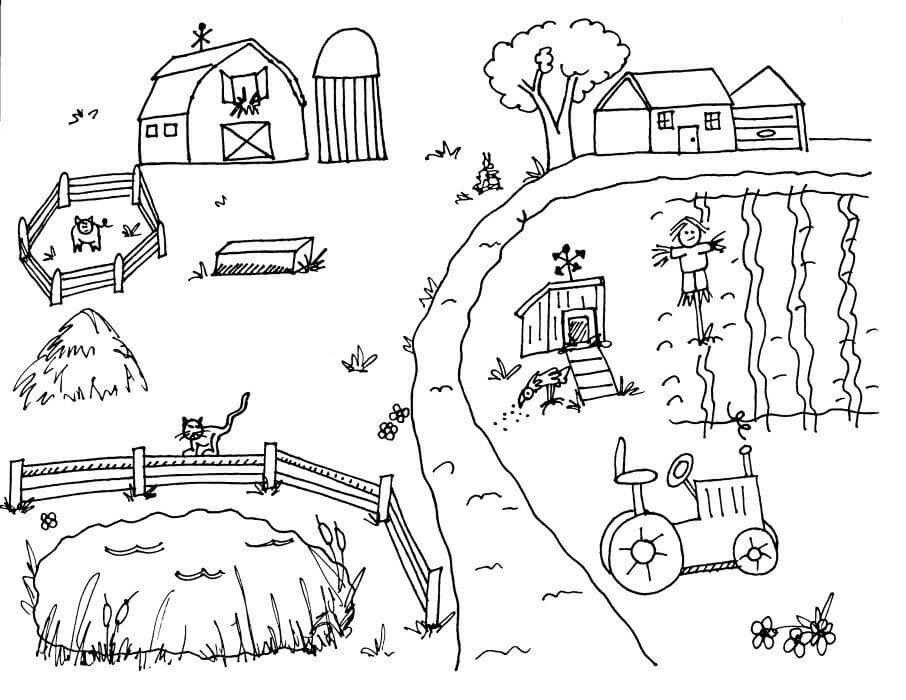 Desenho de Agricultura e Fazenda com Trator para Colorir e Baixar