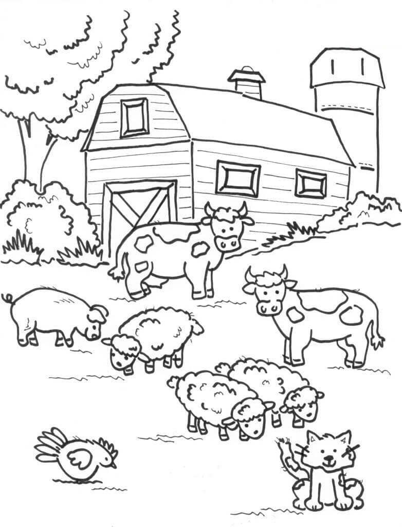 Desenho de Agricultura e Fazenda no Interior para Colorir com Lápis de Cor