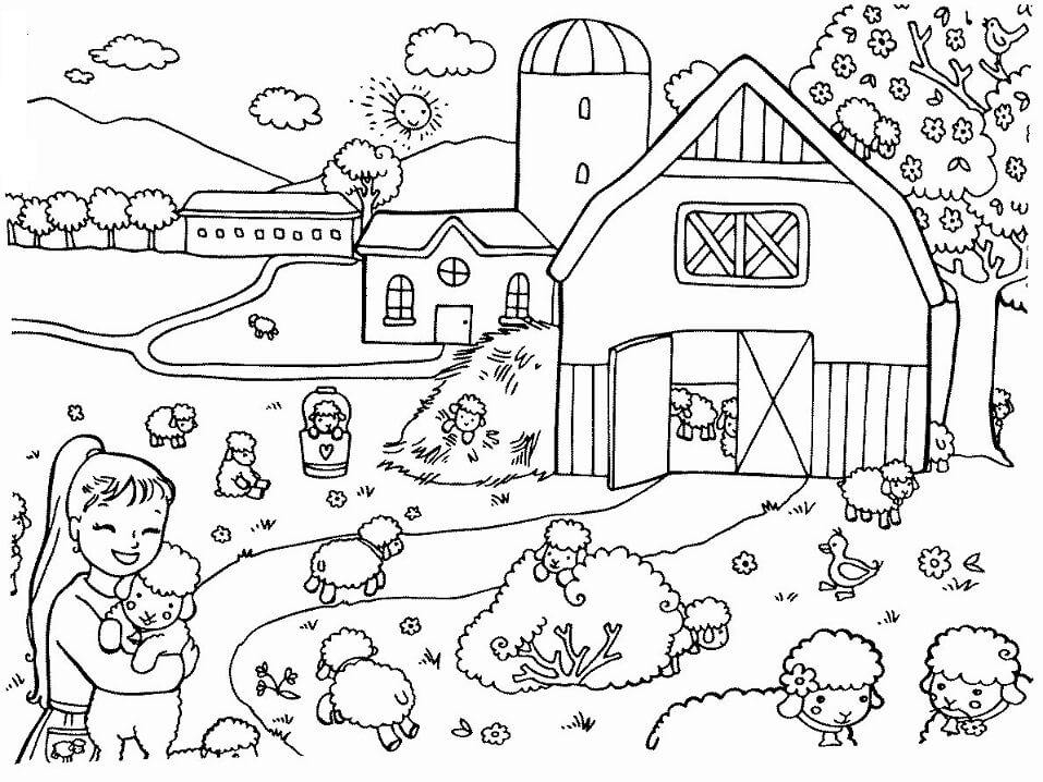 Desenho de Celeiro com Ovelhas para Colorir com Lápis de Cor