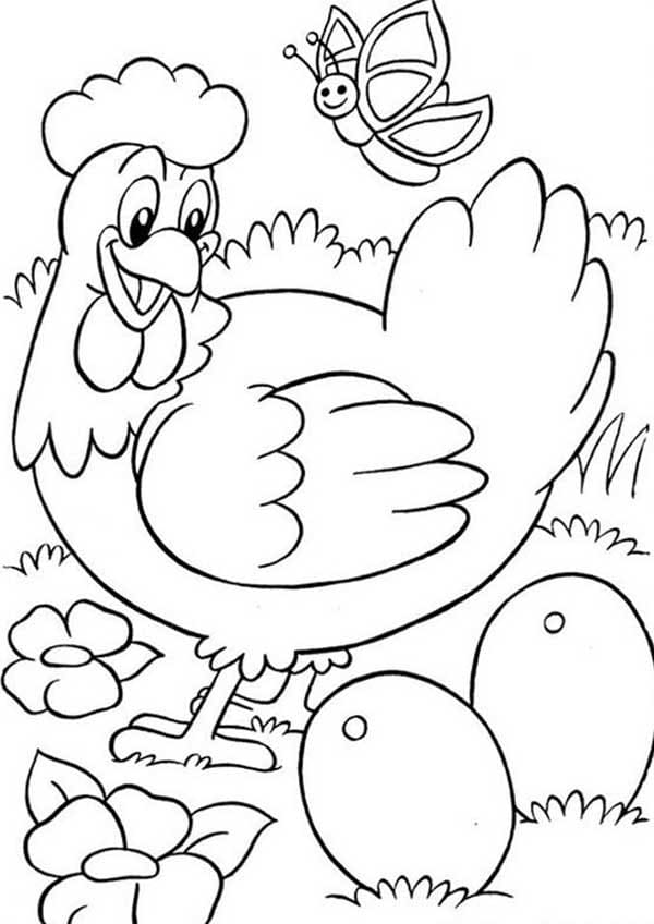 Desenho de Galinha e Borboleta para Colorir