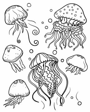 Desenho De Seis água Viva Nadando No aquário Para Pintar