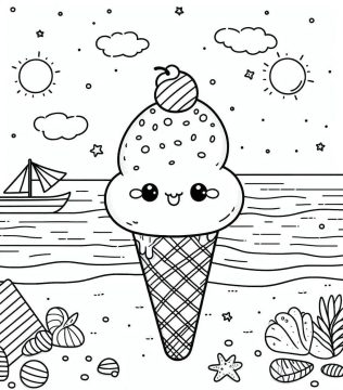 Desenho De Sorvete Kawaii Imprimível grátis Para Colorir