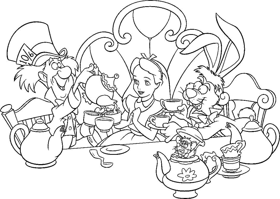 Desenho Alice no País das Maravilhas Bebendo Chã para Colorir A4