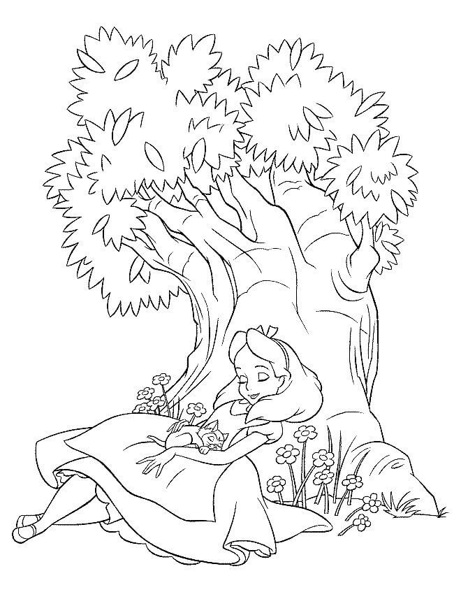 Desenho Alice no País das Maravilhas Dormindo em Árvore na Flores para Colorir
