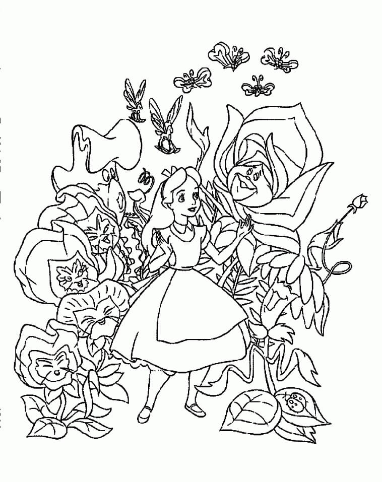 Desenho Alice no País das Maravilhas na Floresta com Seus Amigos para Colorir
