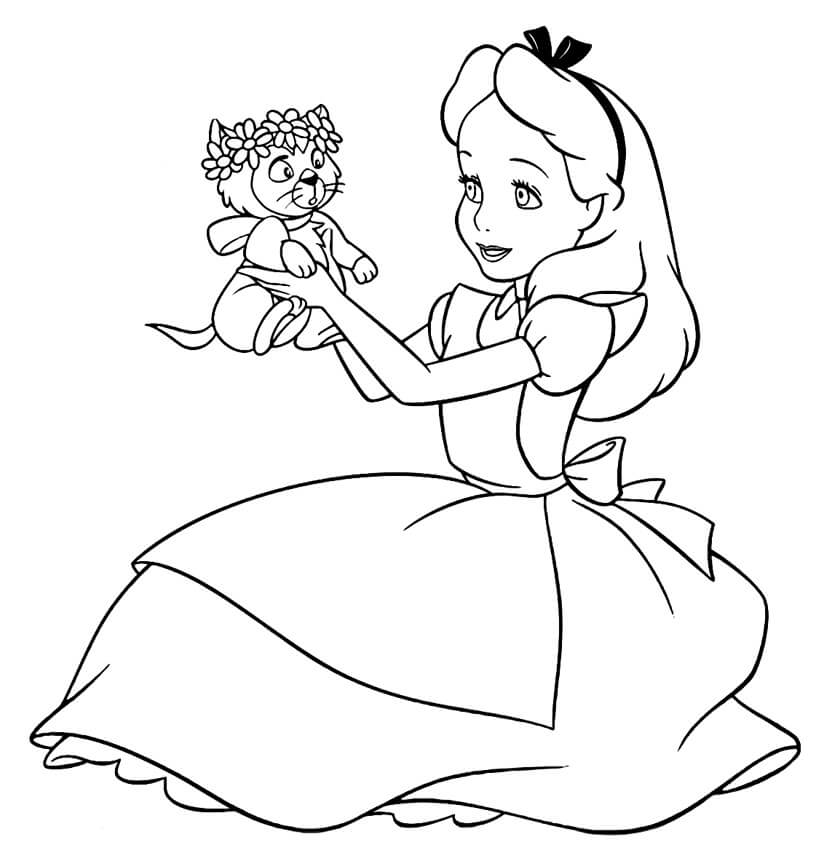 Desenho Alice no País das Maravilhas Segurando Lindo Gato para Colorir Grátis