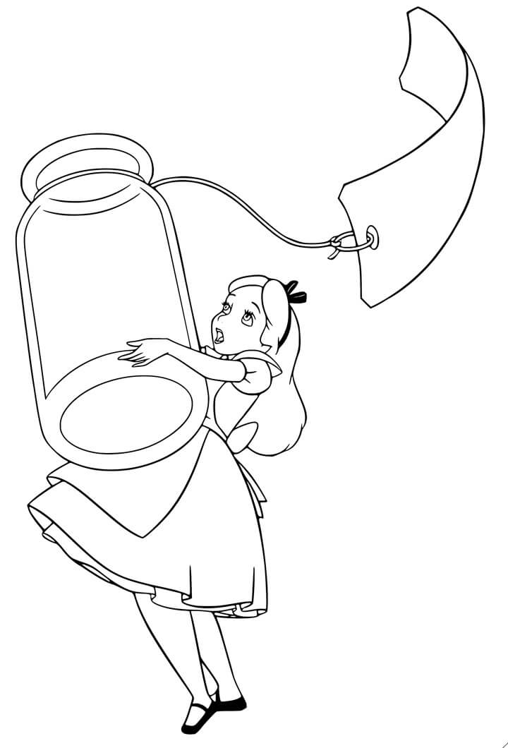 Desenho Alice no País das Maravilhas Segurando Pote Gigante para Pintar