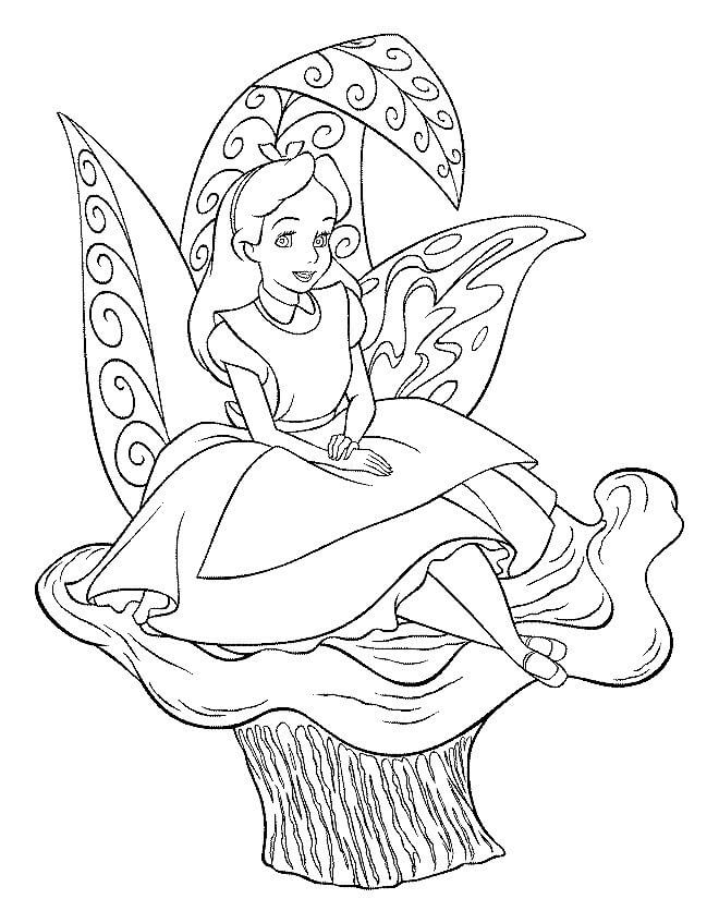 Desenho Alice no País das Maravilhas Sentada em uma Flor Gigante para Pintar