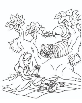 Desenho Do Gato e Alice No país Das Maravilhas Na Floresta Para Colorir