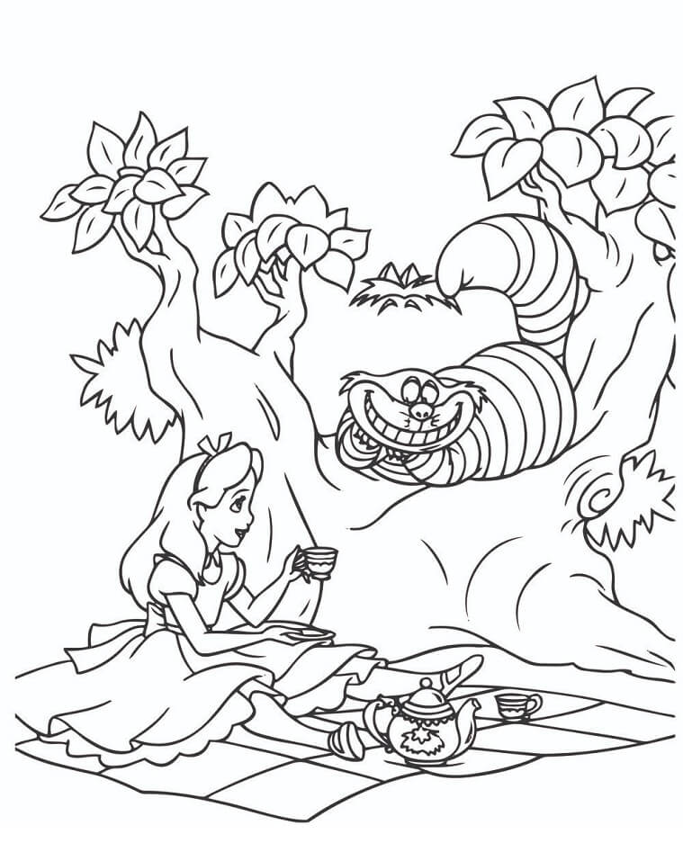 Desenho do Gato e Alice no País das Maravilhas na Floresta para Colorir