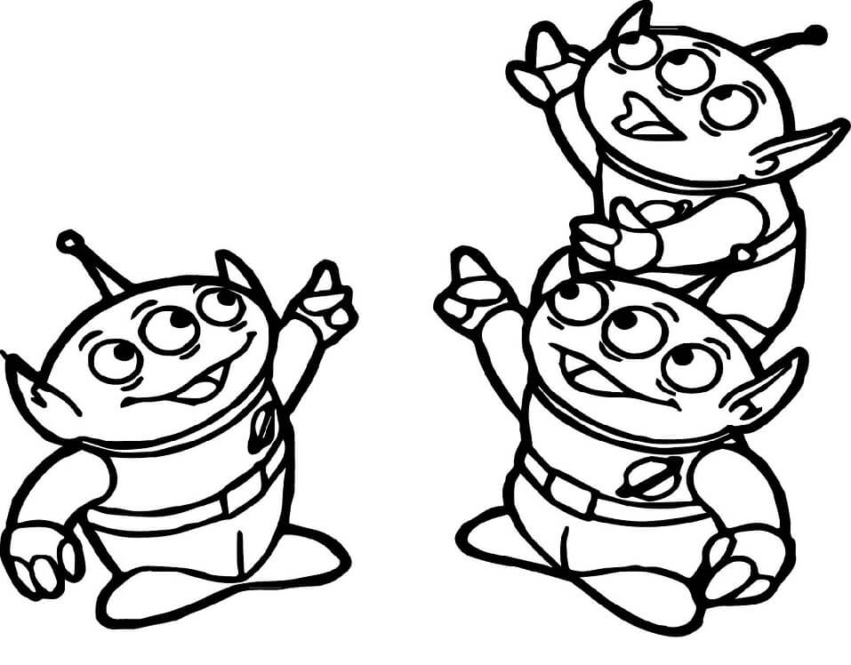 Desenho de Três Aliens Acenando para o Céu para Colorir em Pdf