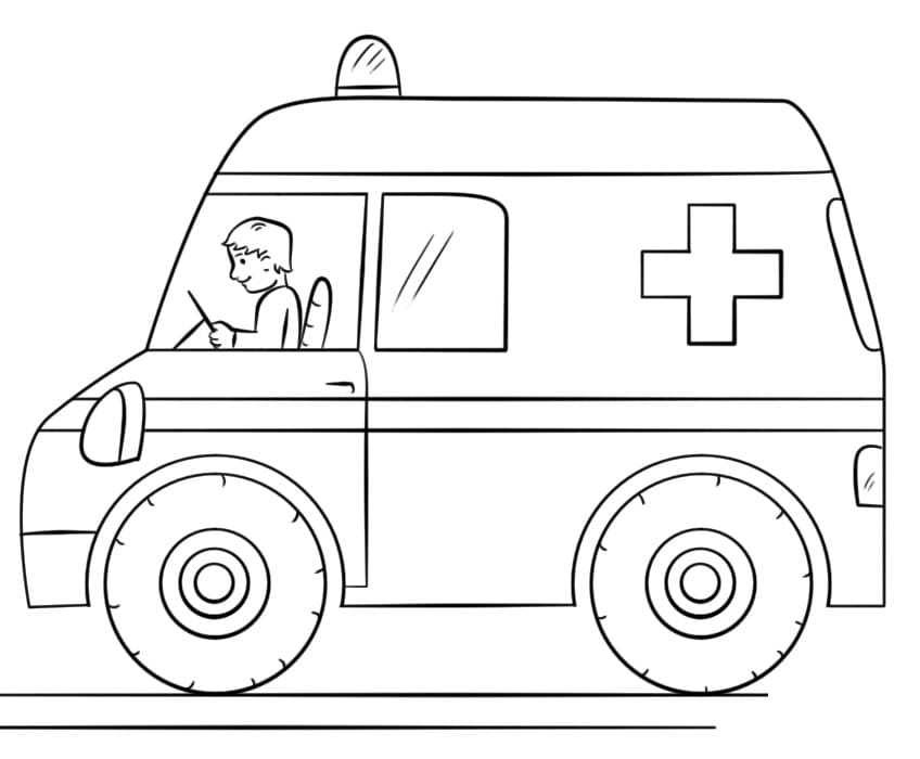 Desenho de Ambulância com Motorista para Colorir e Pintar
