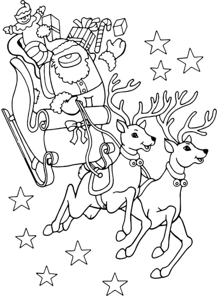 Desenho de Among Us Christmas Papai Notel Trenó e Renas para Colorir