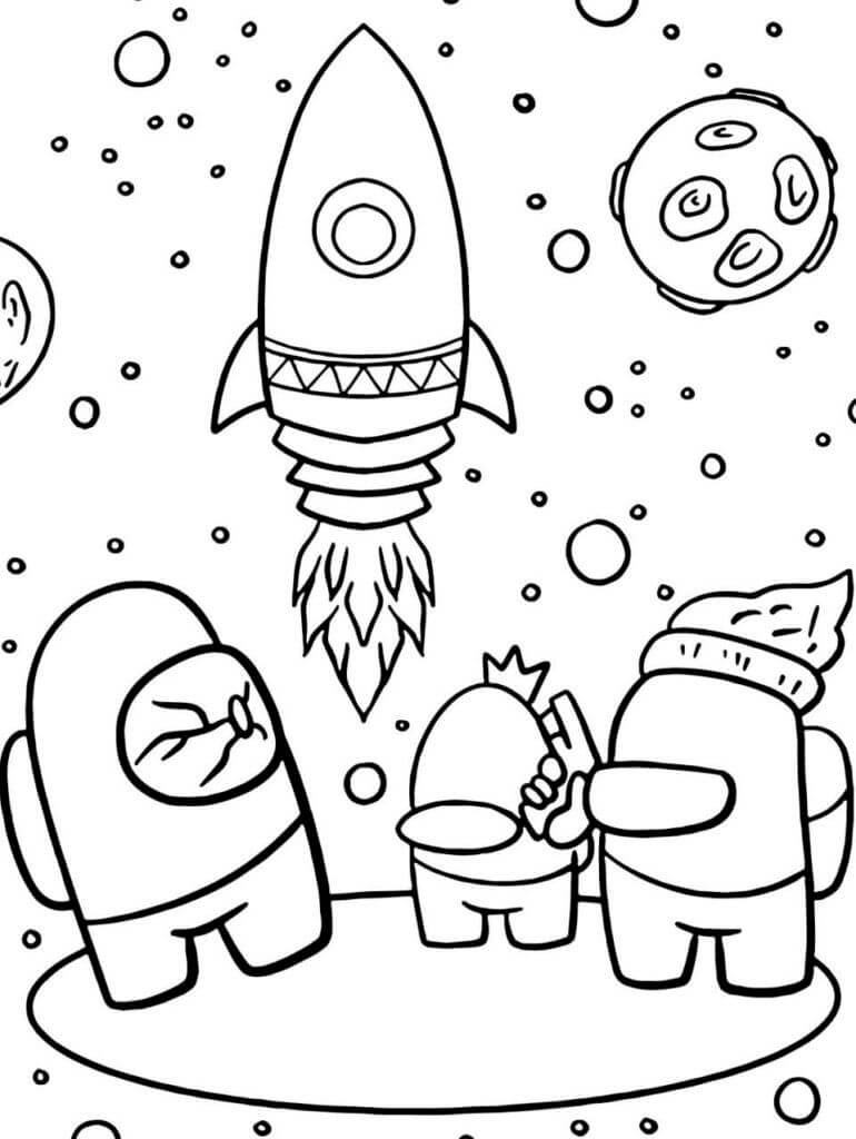 Desenho de Três Among Us e Foguete Incrível para Colorir