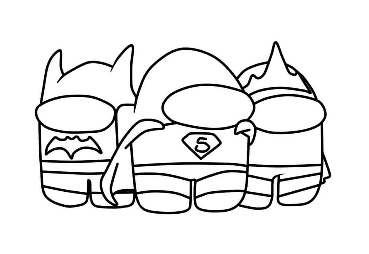 Desenho de Três Super Heroes Dc do Among Us para Colorir