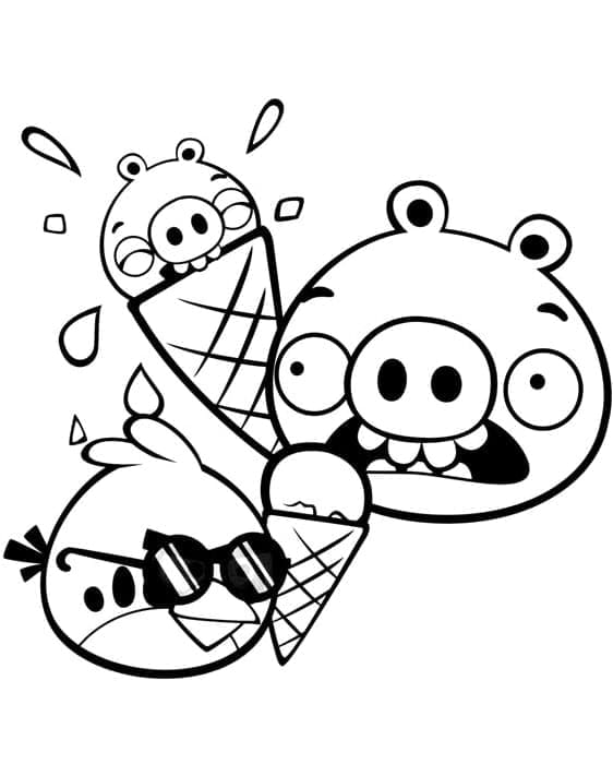 Desenho Angry Birds Pássaro Vermelho e Porco com Sorvetes para Colorir