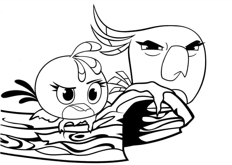 Desenho Angry Birds Stella e Poppy em Cima de Tronco de Árvore para Colorir
