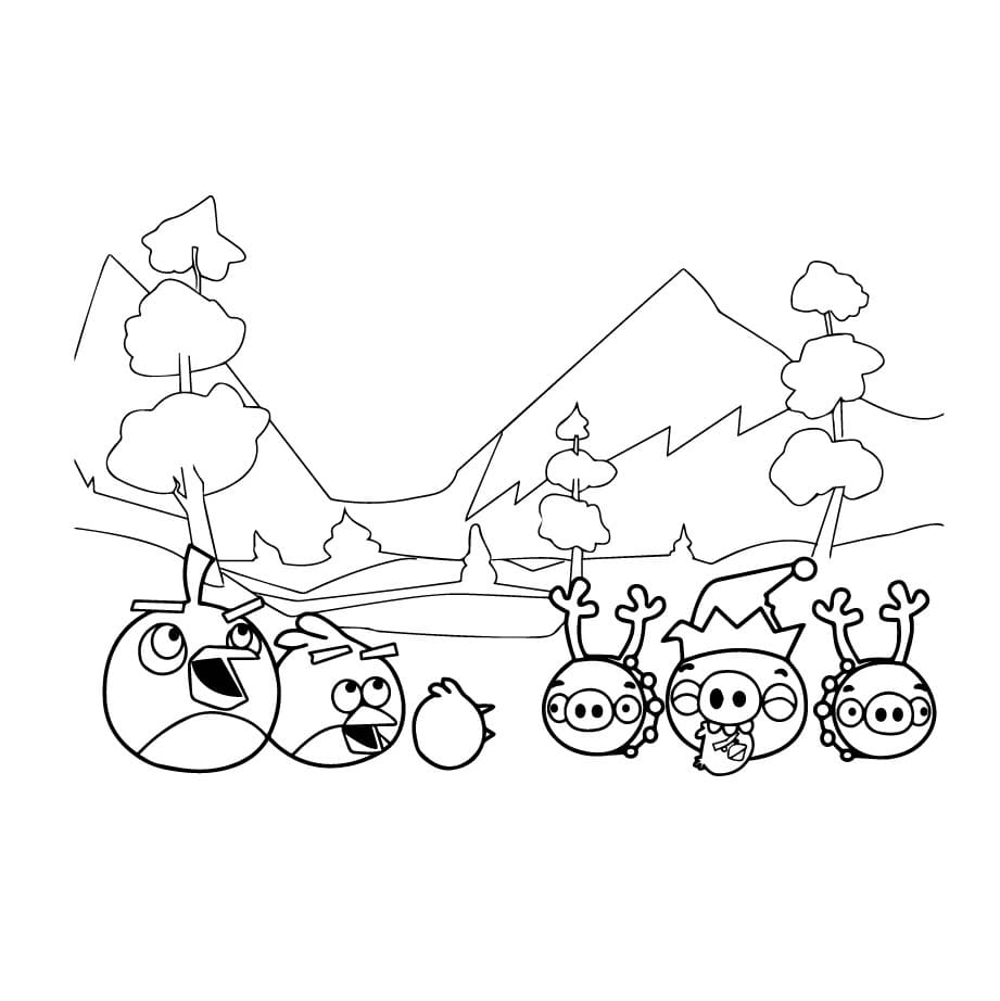 Desenho de Pássaros e Porcos na Floresta em Angry Birds para Colorir