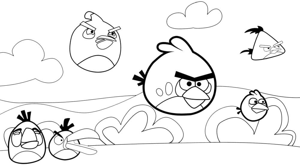 Desenho Legal com Muitos Pássaros Voando do Angry Birds para Colorir