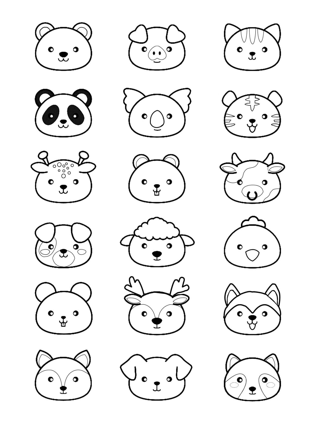 Desenho de Rostos de Animais Kawaii para Colorir