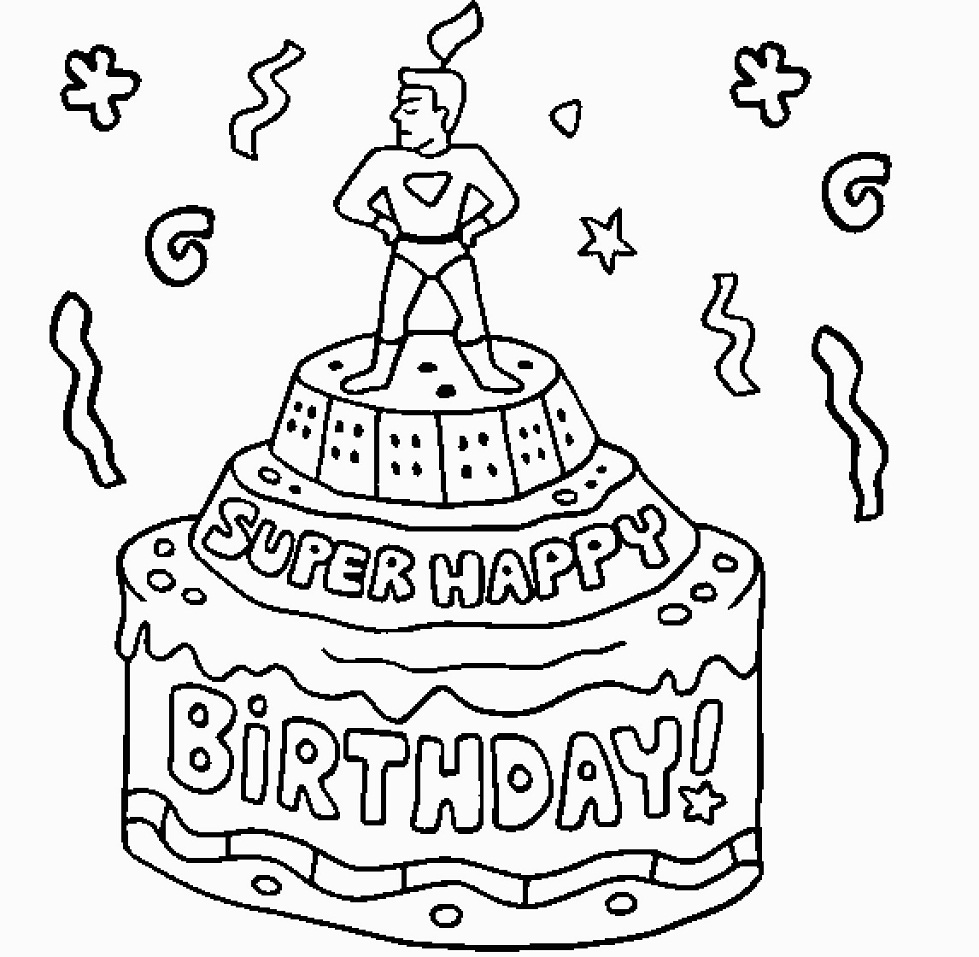 Desenho Bolo de Aniversário de Super Herói para Colorir