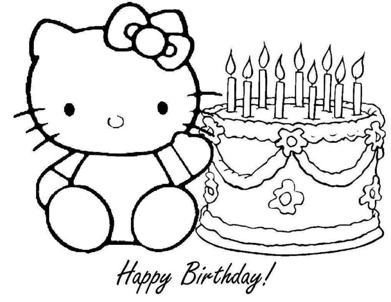 Desenho da Hello Kitty com Bolo de Aniversário Colorir e Imprimir