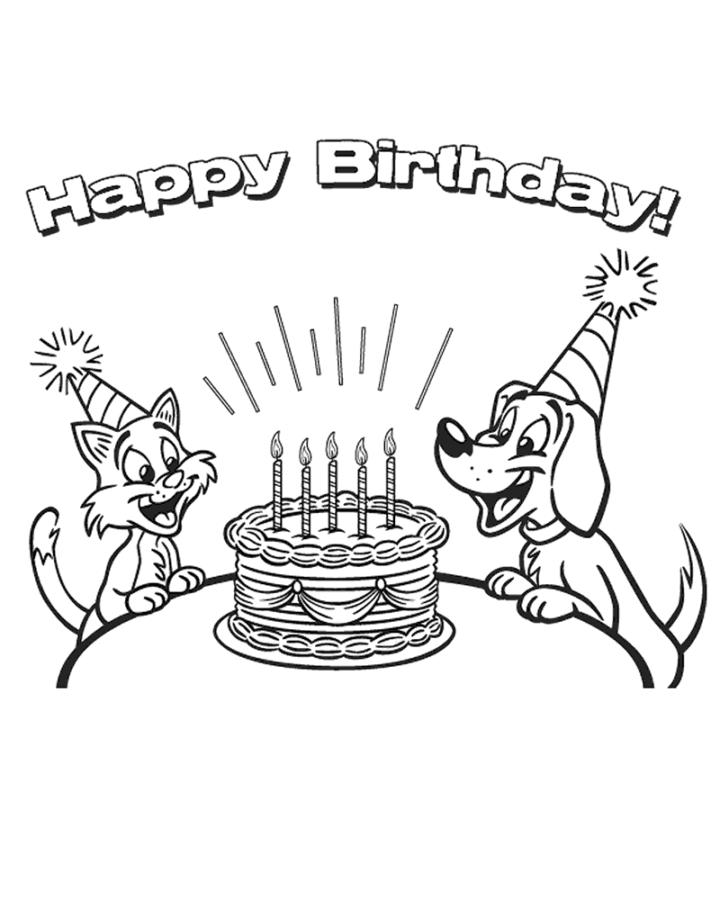 Desenho de Amigos Gato e Cão em Festa de Aniversário para Colorir