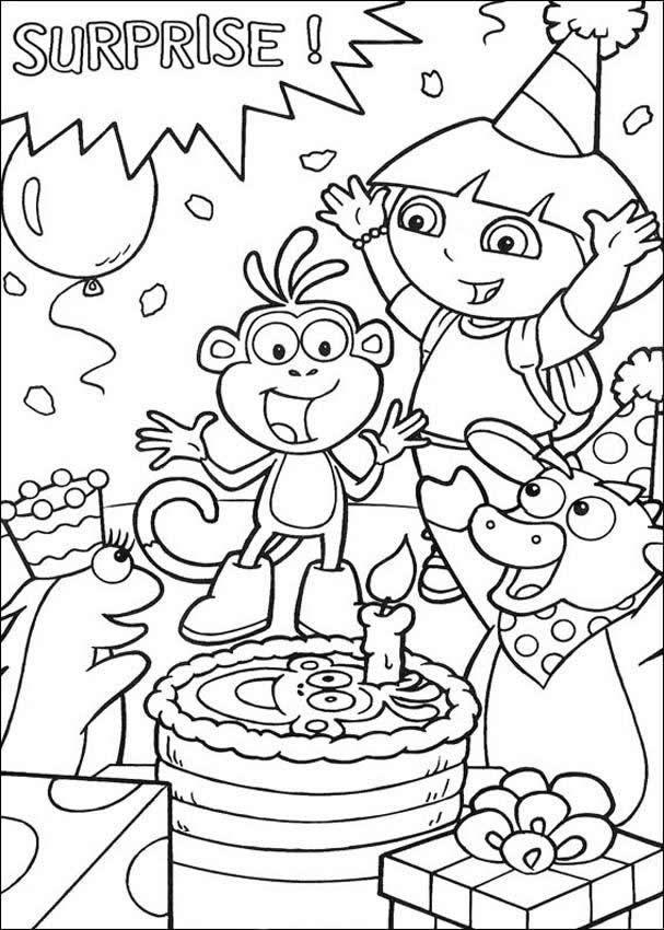 Desenho de Aniversário da Dora Aventuraira com Seus Amigos para Colorir
