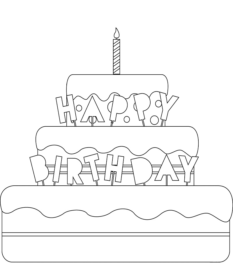 Desenho de Festa de Aniversário com Bolo de Três Andares para Colorir Grátis