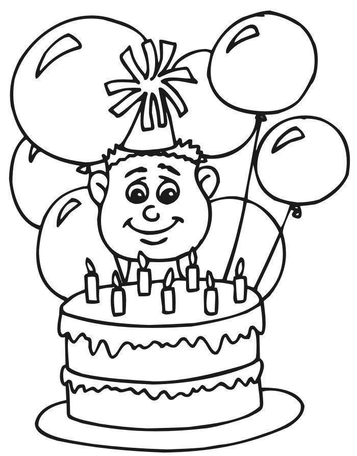 Desenho de Menino em Seu Aniversário com Bolo e Balões para Colorir