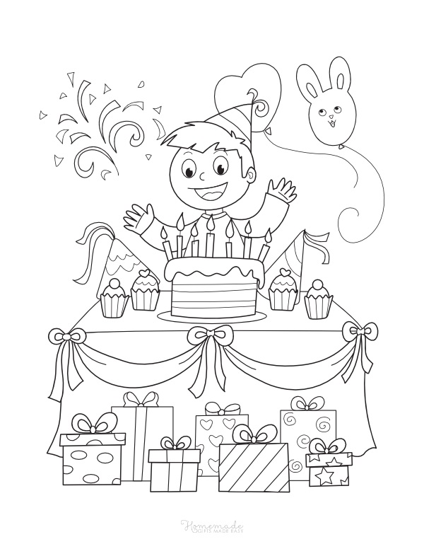 Desenho de Menino em Suá Maravilhosa Festa de Feliz Aniversário para Colorir
