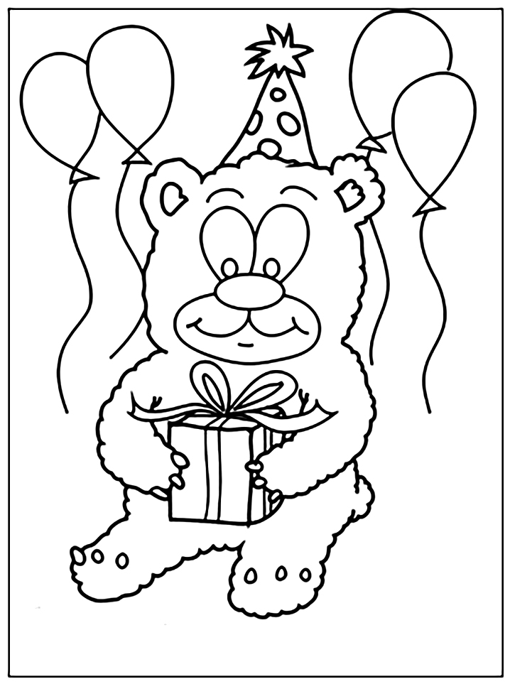 Desenho de Ursinho Segurando Presente de Aniversário para Colorir