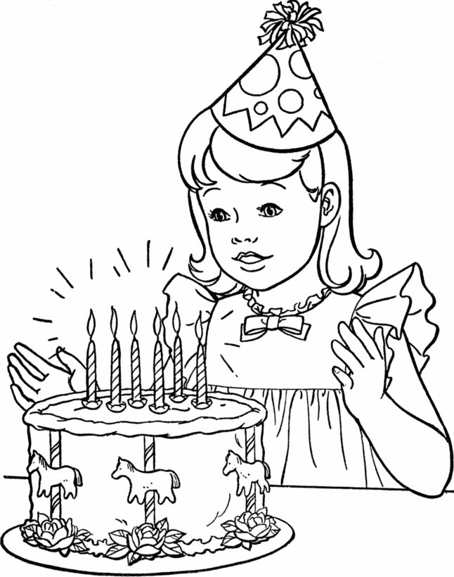 Desenho Pdf de Menina Comemorando Seu Aniversário com Bolo de Unicórnio para Pintar
