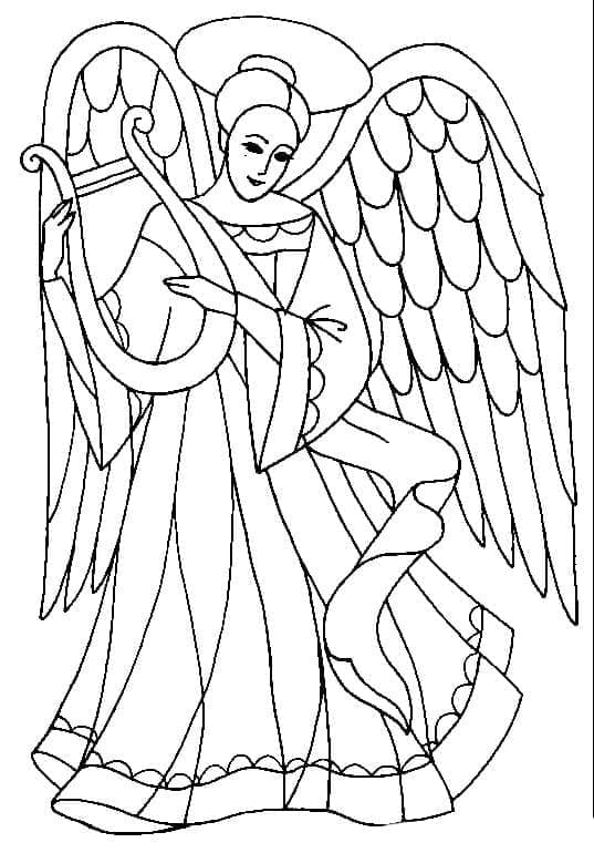 Desenho de Anjo Tocando Harpa para Colorir