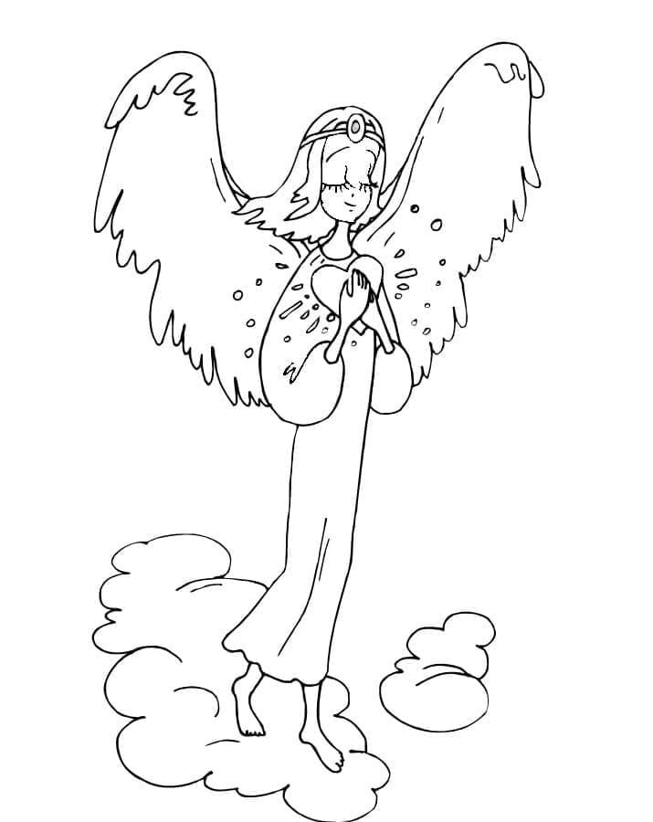 Desenho de Anjo e Coração Andando nas Nuvens para Colorir
