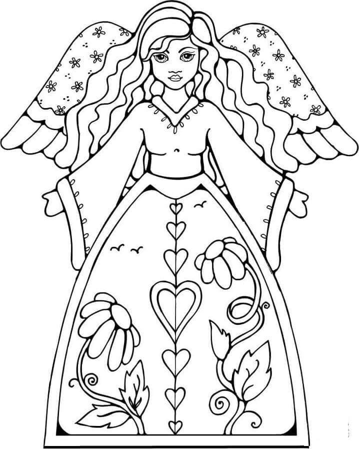 Desenho de Anjo com Roupa de Flores para Colorir