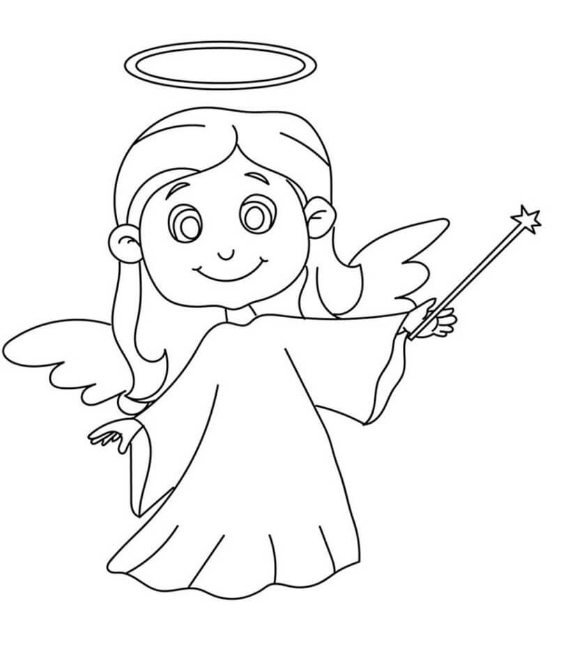 Desenho de Anjo Fofo com Vará de Estrelá na Mão para Colorir