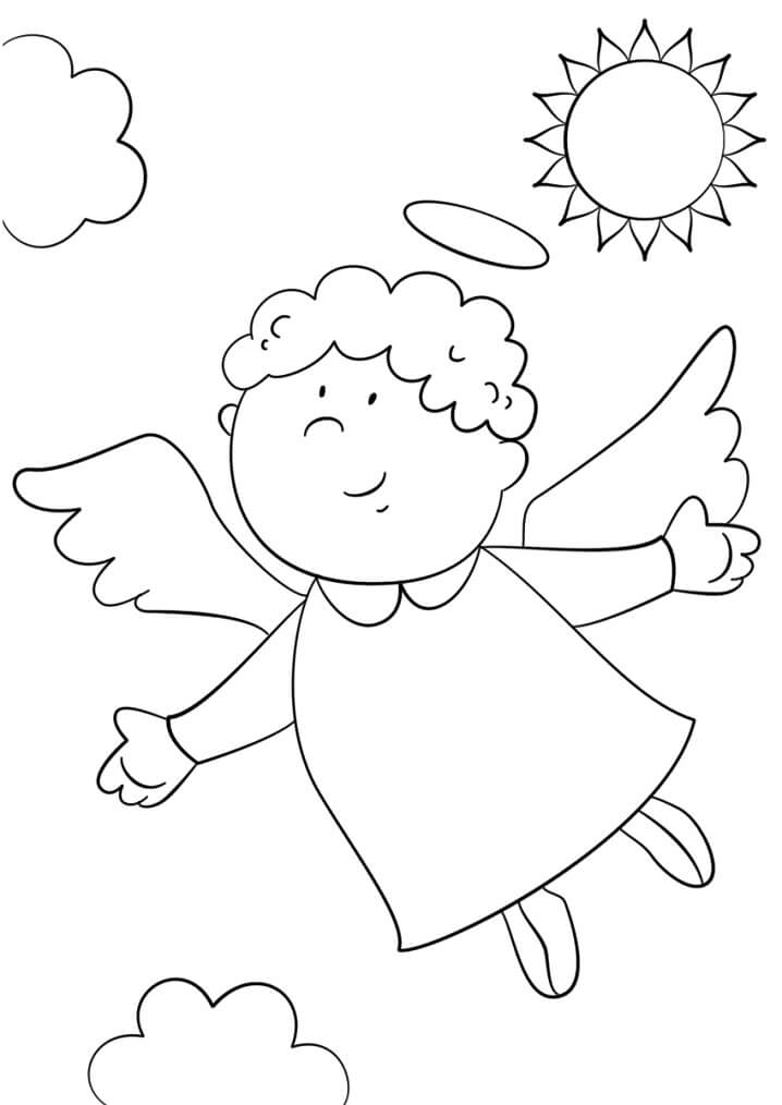 Desenho de Anjo Fofo Voando em Dia Ensolarado para Colorir