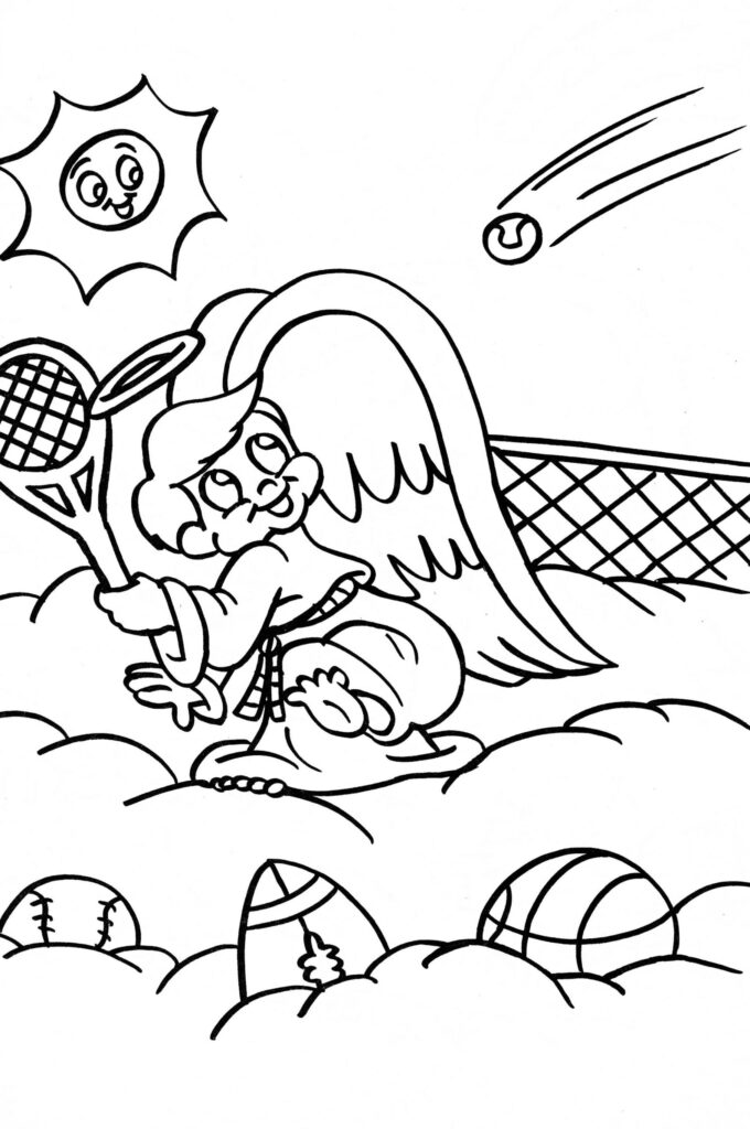 Desenho de Anjo Jogando Trenis para Colorir Grátis