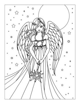 Desenho Imprimível De Anjo Sob O céu Estrelado Com Lua Para Colorir