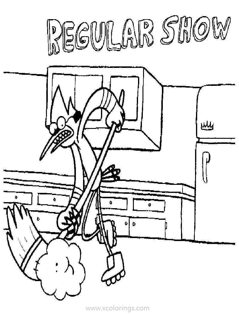 Desenho de Mordecai Varrendo a Casa para Colorir