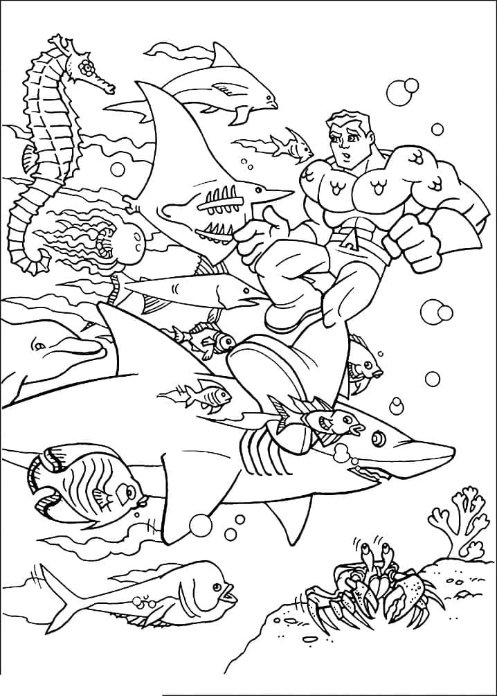 Desenho de Aquaman com Peixes para Colorir