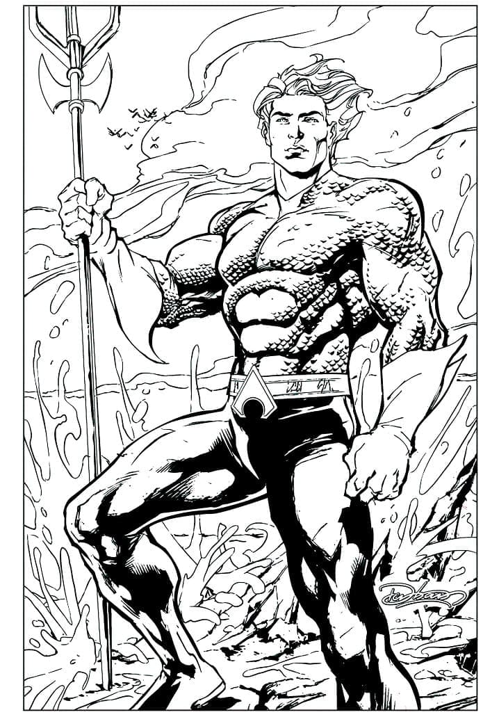 Desenho de Aquaman com Tridente para Colorir